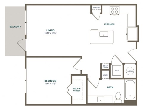Floor plan for 1 bed, 1 bath, 764 sqft